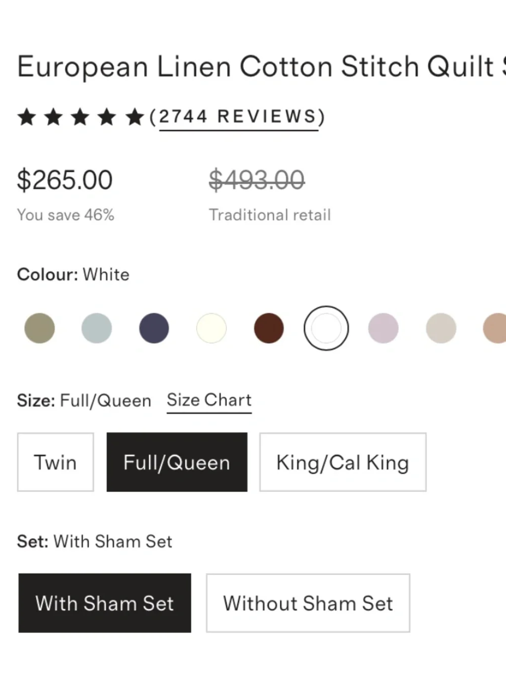 New Quince European Linen Cotton Stitch Quilt Set White Full/Queen